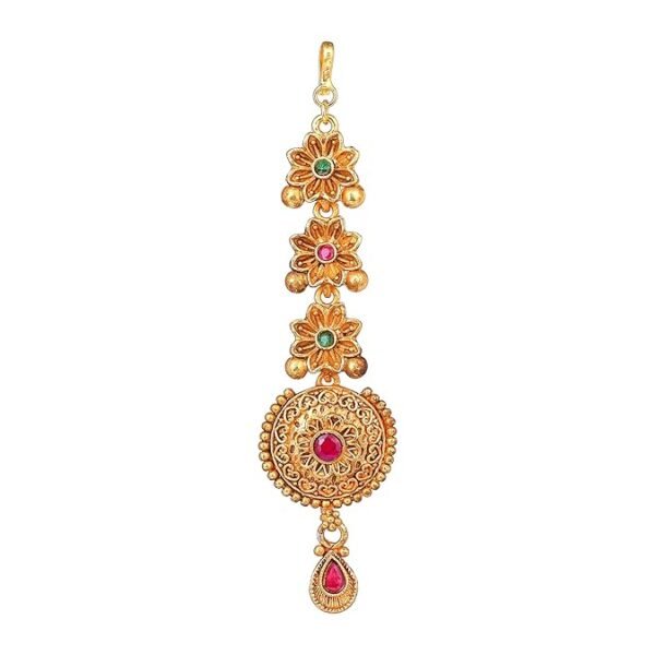Gold Plated Traditional Green & Ruby Crystals Embellished Floral Designer Matte Finish Ethnic Maang Tikka