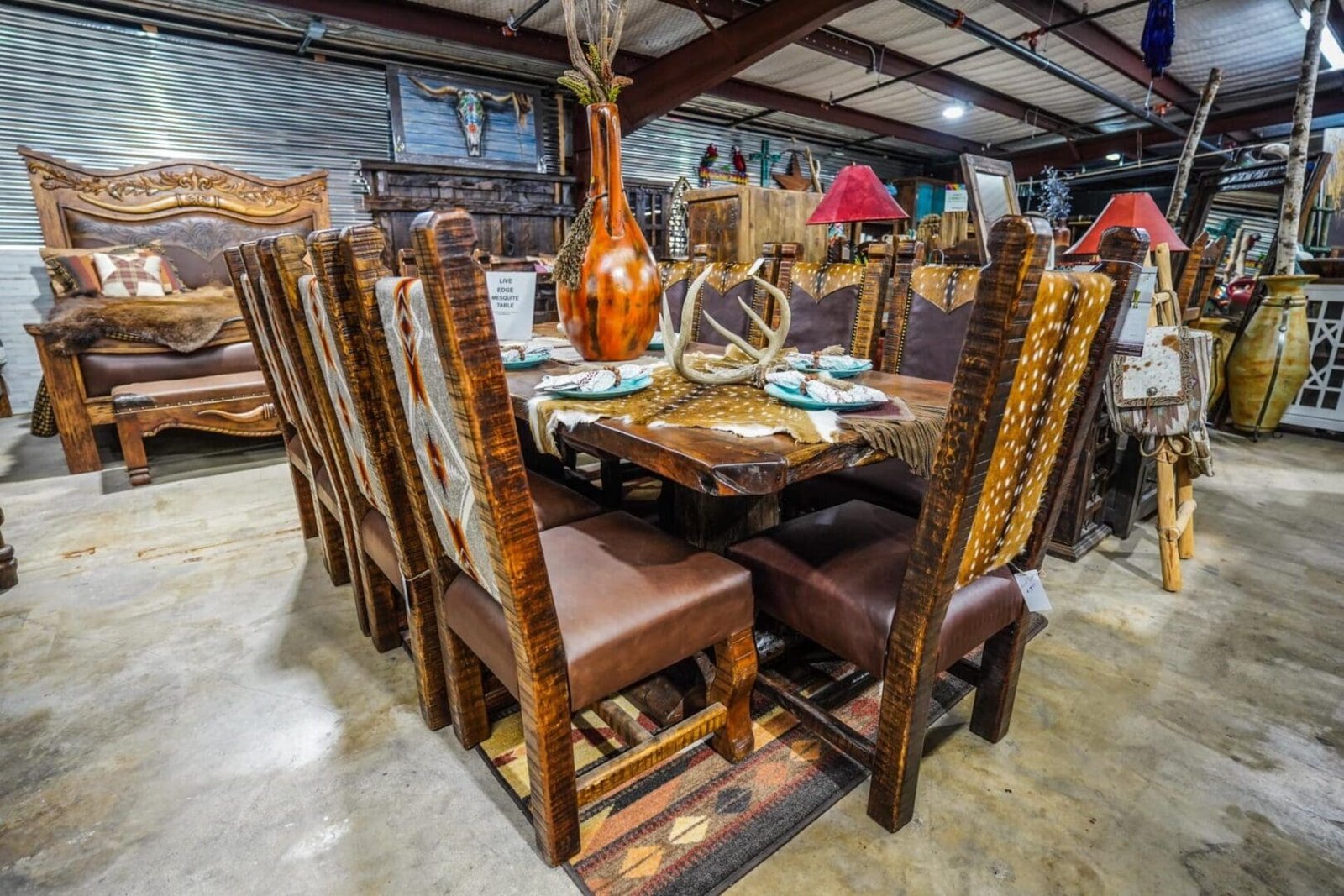 mesquite-eight-footer-with-live-edge-and-worm-wood-scaled-1.jpeg 8' Mesquite live edge dining table with custom Axis or Aztec print chairs - Image 1
