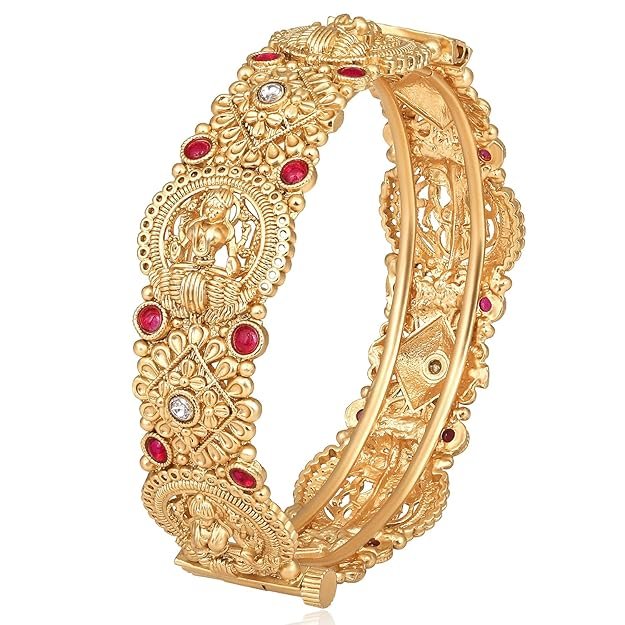 Gold Plated Goddess Laxmi Thick Synthetic Stone Studded Single Piece Openable Kada Bangle Antique Jewellery - Image 1