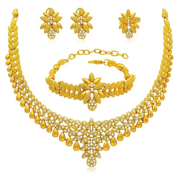 24k Gold Plated Choker Jewellery Set - Earrings, Ring & Bracelet Gold Necklace Set - Image 1